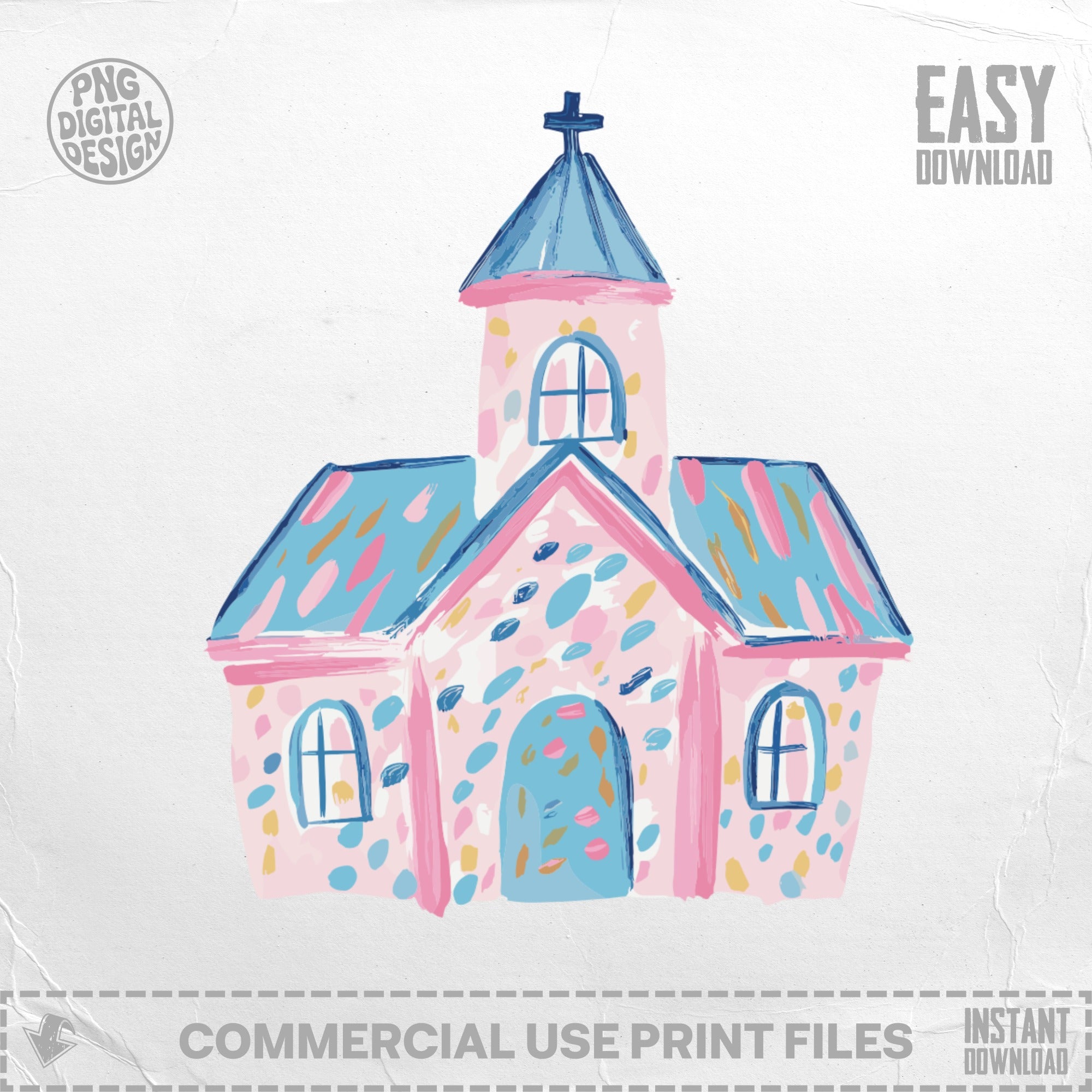 Preppy Church SVG, Digital Whimsical Chapel Clipart, Cute Pink Blue Christian Art Graphic for Easter, Baptism, Nursery Decor