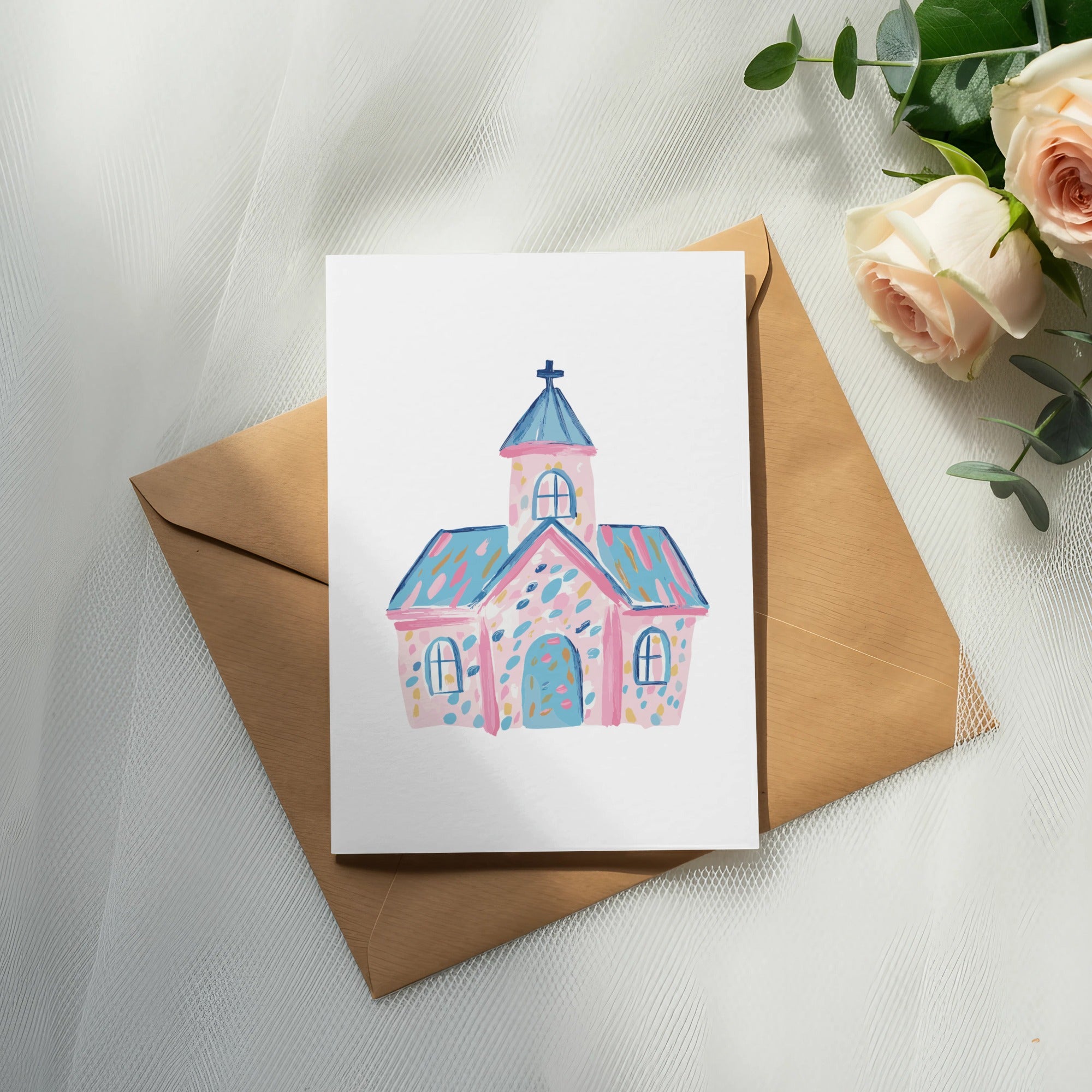 Preppy Church SVG, Digital Whimsical Chapel Clipart, Cute Pink Blue Christian Art Graphic for Easter, Baptism, Nursery Decor