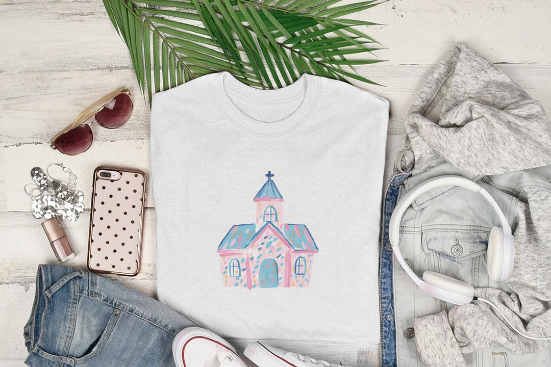 Preppy Church SVG, Digital Whimsical Chapel Clipart, Cute Pink Blue Christian Art Graphic for Easter, Baptism, Nursery Decor