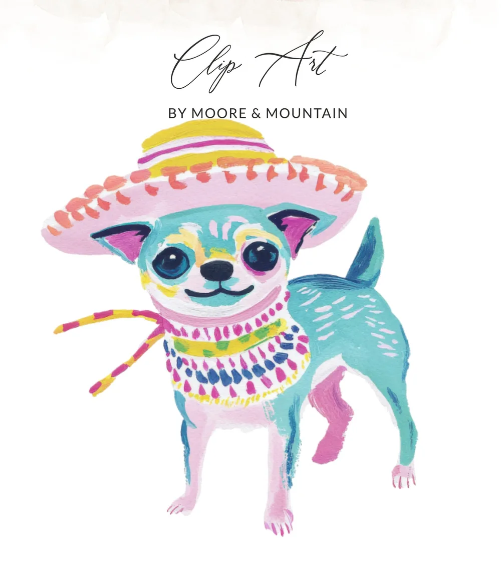 Preppy Clip Art Chihuahua SVG Digital, Cute Dog Sombrero Puppy Art, Vibrant Pet PNG, Mexican Fiesta Kawaii Dog Lover Gift