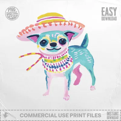 Preppy Clip Art Chihuahua SVG Digital, Cute Dog Sombrero Puppy Art, Vibrant Pet PNG, Mexican Fiesta Kawaii Dog Lover Gift