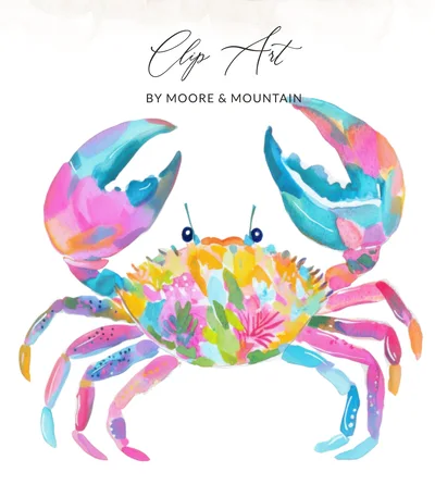 Preppy Clip Art Colorful Crab SVG Digital Download | Vibrant Watercolor Marine Life Art for Summer Beach Decor & Ocean Theme Crafts