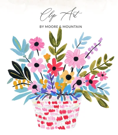Preppy Clip Art Floral Basket SVG Digital Download, Watercolor Flower Bouquet PNG for Crafting, Whimsical Spring Art