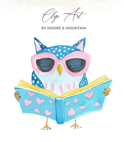 Preppy Clip Art Owl Reading Book SVG Digital Download, Cute Blue Owl in Pink Sunglasses PNG for Book Lovers, Teacher Gift