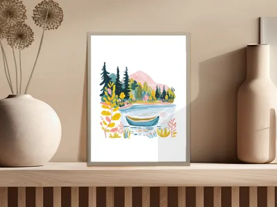 Preppy Clip Art PNG SVG, Digital Lake Landscape with Boat, Mountain Nature Illustration, Aesthetic Outdoor Scene Instant Download