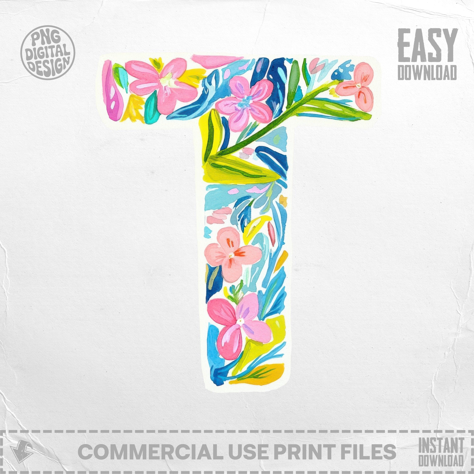 Preppy Clip Art PNG T Monogram SVG, Floral Alphabet Letter T Digital Download, Vibrant Initial Art, Preppy Party Decor, Printable Digital