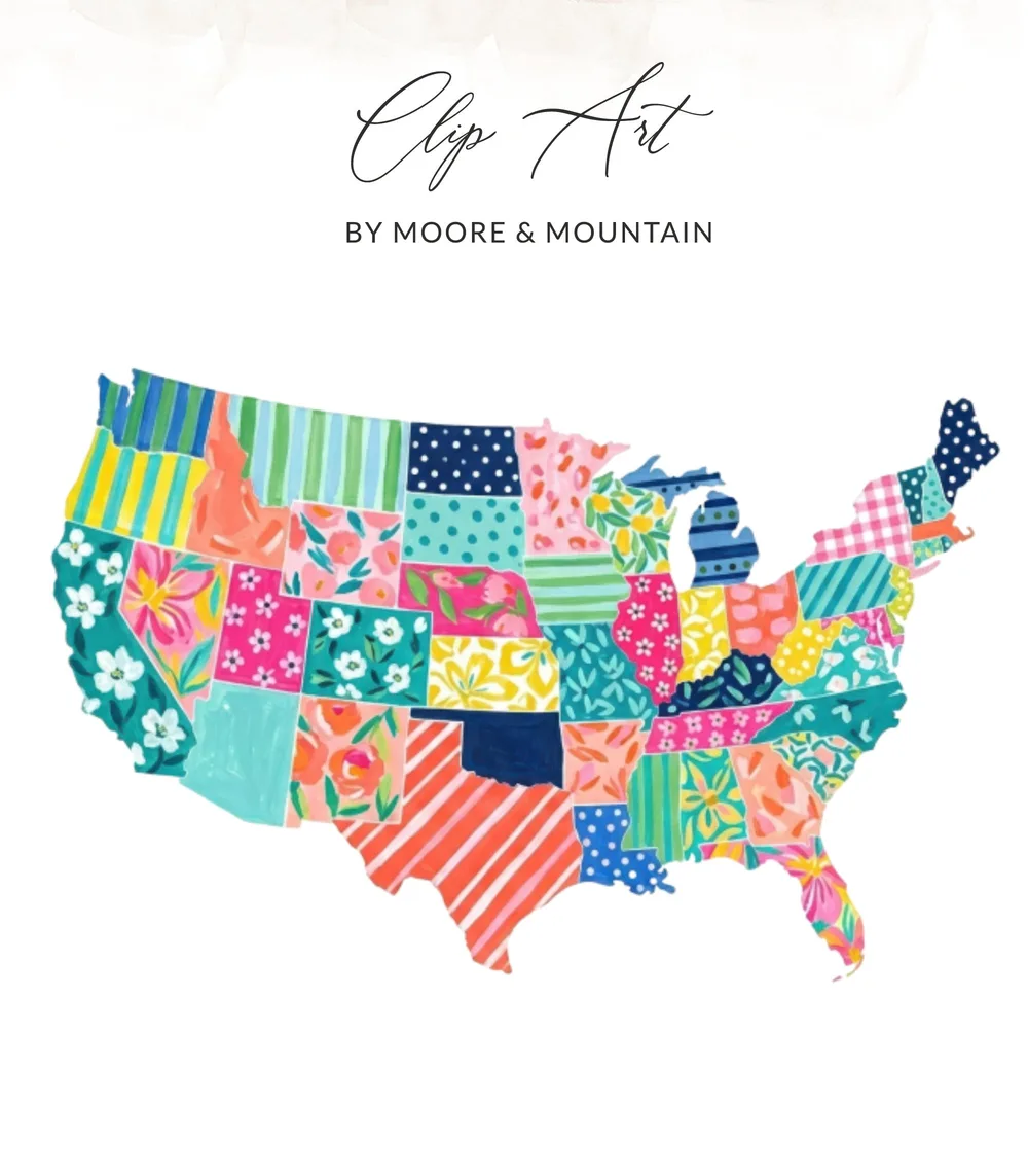 Preppy Clip Art USA Map SVG Digital, Colorful United States Map, Travel Art Print, Teacher Gift, Planner Digital File