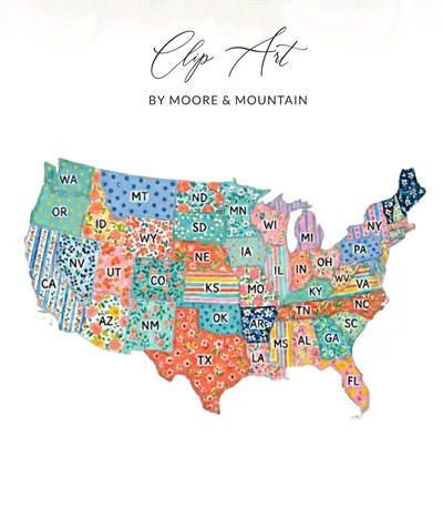 Preppy Clip Art USA Map SVG Digital Download - Colorful United States Quilted Map Graphics, Cute Floral State Patterns, Travel Art