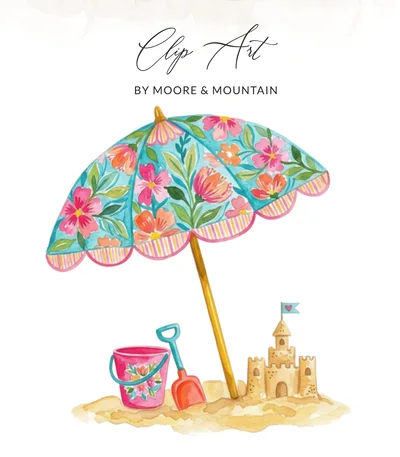 Preppy Clip Art | Watercolor Beach Umbrella Sandcastle Digital Download PNG | Summer Vacation Art Coastal Design