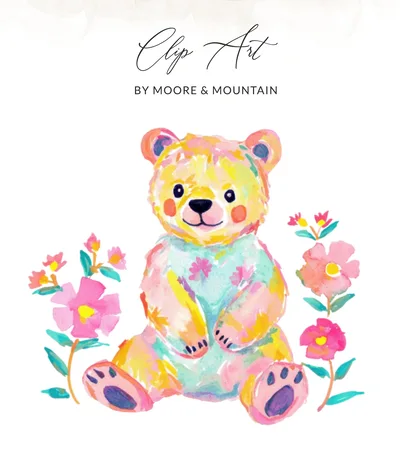 Preppy Clip Art Watercolor Bear Digital SVG PNG, Cute Floral Teddy Bear Clipart, Nursery Wall Art Decor, Baby Shower Gift, Whimsical Animal