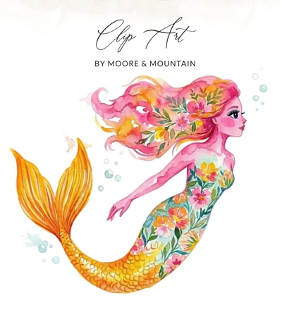 Preppy Clip Art: Watercolor Floral Mermaid Digital Download PNG | Whimsical Ocean Art for Girls, Summer Crafts & Decor