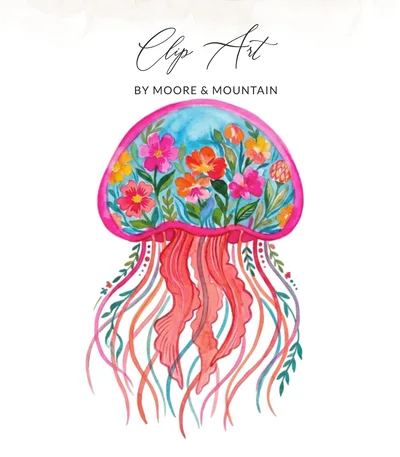 Preppy Clip Art Watercolor Jellyfish Digital Download PNG, Vibrant Floral Ocean Life Art, Whimsical Marine Animal Graphic for Crafting &