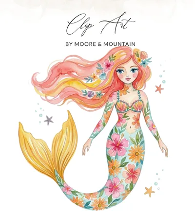 Preppy Clip Art Watercolor Mermaid PNG Digital Download Floral Mermaid Illustration Clipart Cute Magical Under the Sea Art Summer Beachy