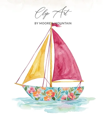 Preppy Clip Art Watercolor Sailboat Digital Download PNG, Floral Boat Nautical Nursery Art, Coastal Decor Summer Print