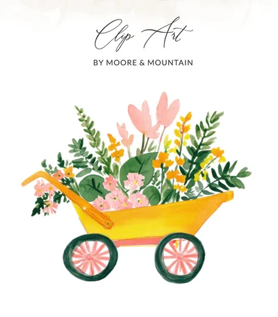 Preppy Clip Art Wheelbarrow Flowers SVG Digital Download, Watercolor Garden PNG, Spring Bloom Graphic, Cute Floral Cart Design