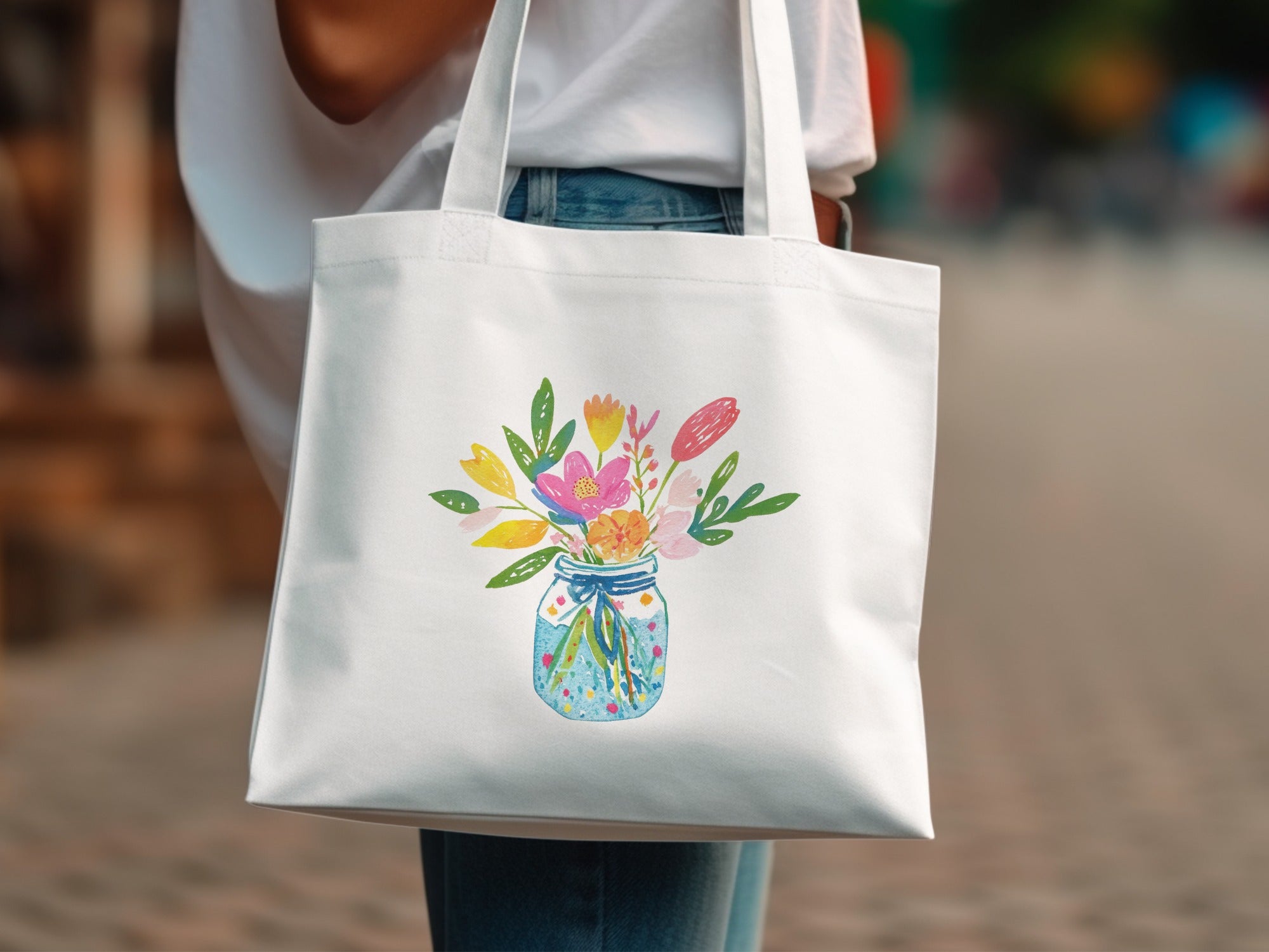 Preppy Clipart PNG, Sublimation SVG File | Mason Jar Floral Bouquet Digital Download, Whimsical Spring Summer Flower Graphic