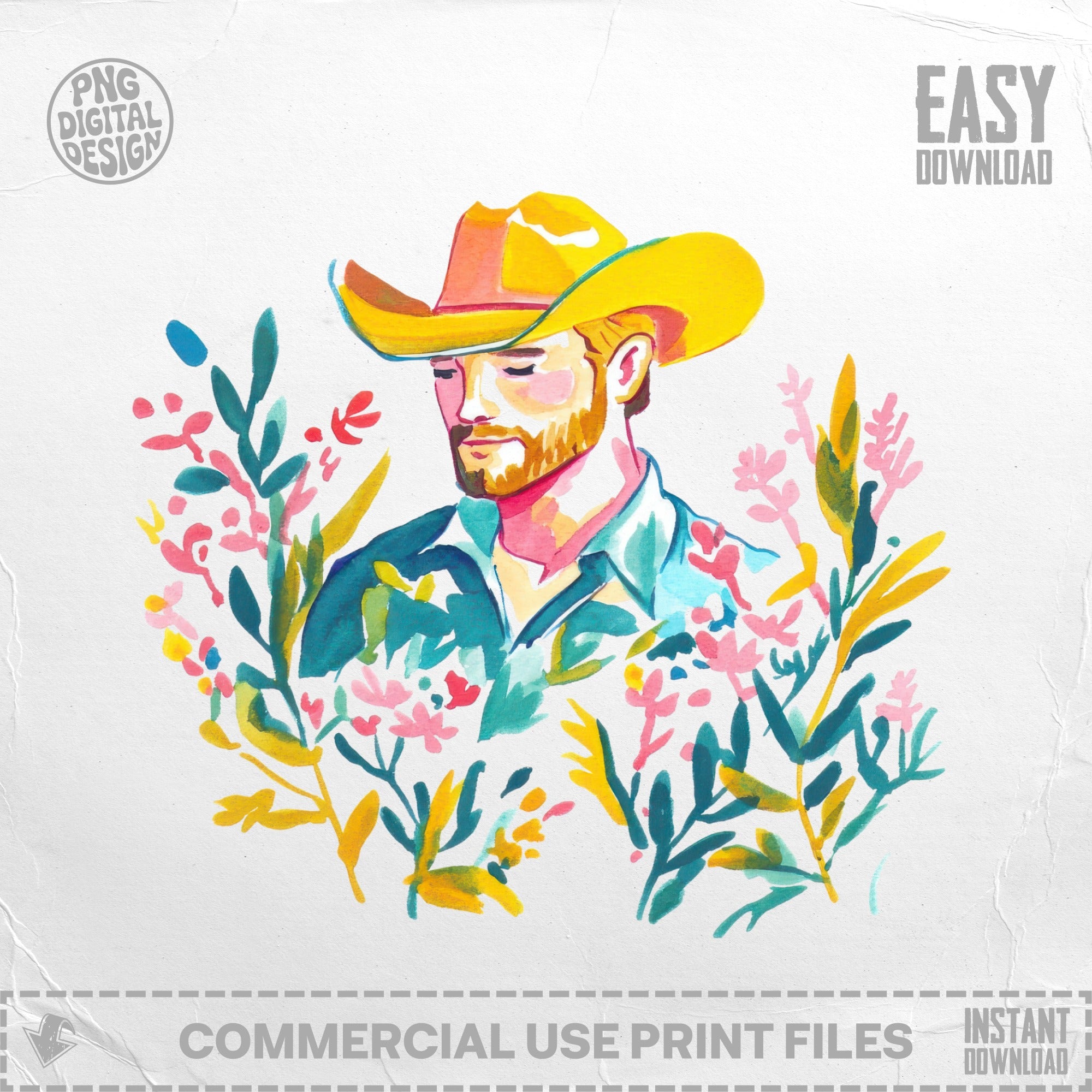 Preppy Cowboy SVG, Digital Clip Art, Bohemian Western Man Illustration, Floral Rancher Art PNG, Boho Country Aesthetic Printable Design