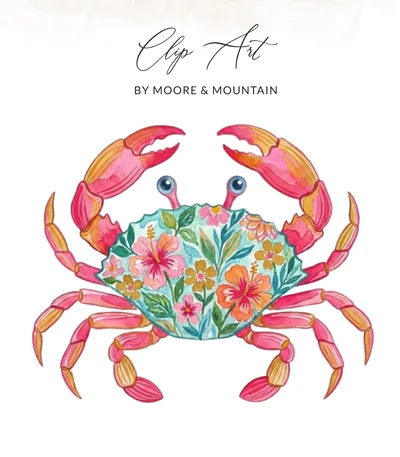 Preppy Crab Clip Art Digital Download PNG, Coastal Watercolor Tropical Summer Ocean Life Aesthetic Design, Cute Beachy Animal Print