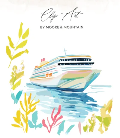 Preppy Cruise Ship Digital SVG, Watercolor Travel Art Print, Coastal Ocean Vacation Planner PNG, Summer Aesthetic Boat Trip Gift