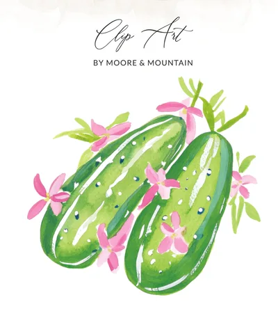 Preppy Cucumber Clip Art SVG PNG Digital Watercolor Botanical Design with Pink Flowers, Summer Garden Clipart Instant Download