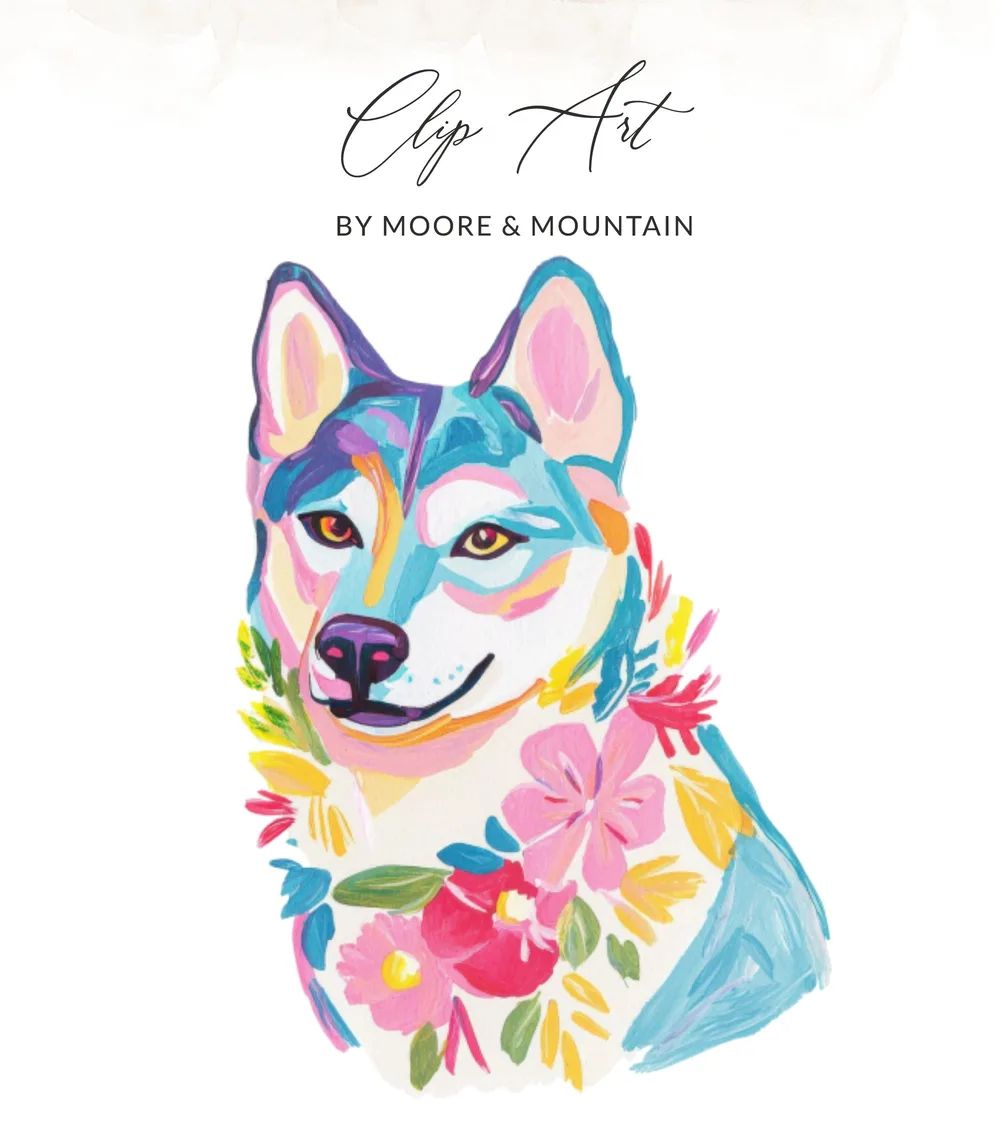 Preppy Dog PNG SVG, Watercolor Husky Clipart, Floral Pet Art, Colorful Girly Graphic, Trendy Sticker Design, Sublimation Download, Cute