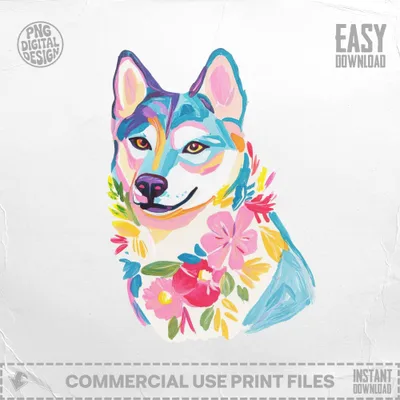 Preppy Dog PNG SVG, Watercolor Husky Clipart, Floral Pet Art, Colorful Girly Graphic, Trendy Sticker Design, Sublimation Download, Cute
