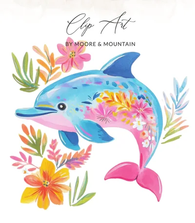 Preppy Dolphin Clip Art Digital Download PNG, Vibrant Floral Watercolor Dolphin, Summer Coastal Animal Art, Beachy Design