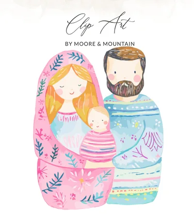 Preppy Family Portrait Digital SVG, Whimsical Watercolor Folk Art Family Illustration, New Baby Gift Family Wall Art, Instant Download
