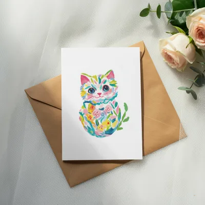 Preppy Floral Cat Digital Art, Kawaii Kitten PNG, Colorful Clipart, Whimsical Animal Illustration, Trendy Girly Graphic, Printable Sticker