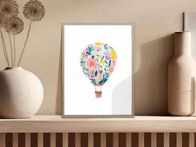 Preppy Floral Hot Air Balloon Digital, Cute Balloon Clipart PNG, Rainbow Sticker Design, Printable Art, Whimsical Illustration SVG