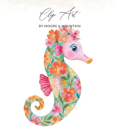 Preppy Floral Seahorse Clip Art Digital Download PNG, Cute Watercolor Ocean Animal for Nursery Decor & Summer Crafts