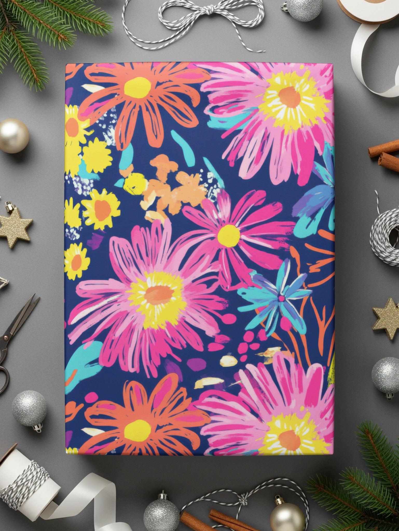 Preppy Gerbera Daisy Pink Neon Floral Background Fireworks Flowers Seamless Pattern