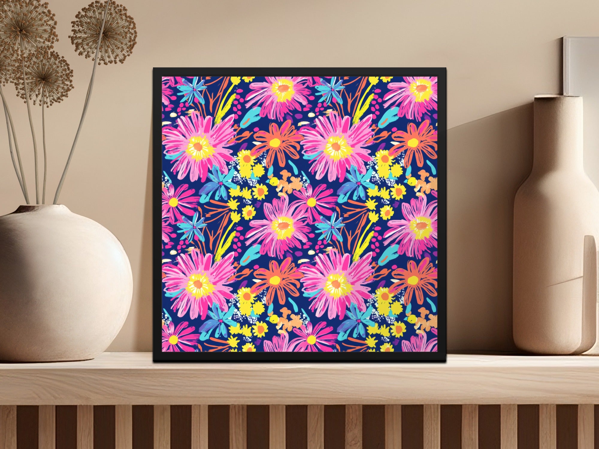 Preppy Gerbera Daisy Pink Neon Floral Background Fireworks Flowers Seamless Pattern