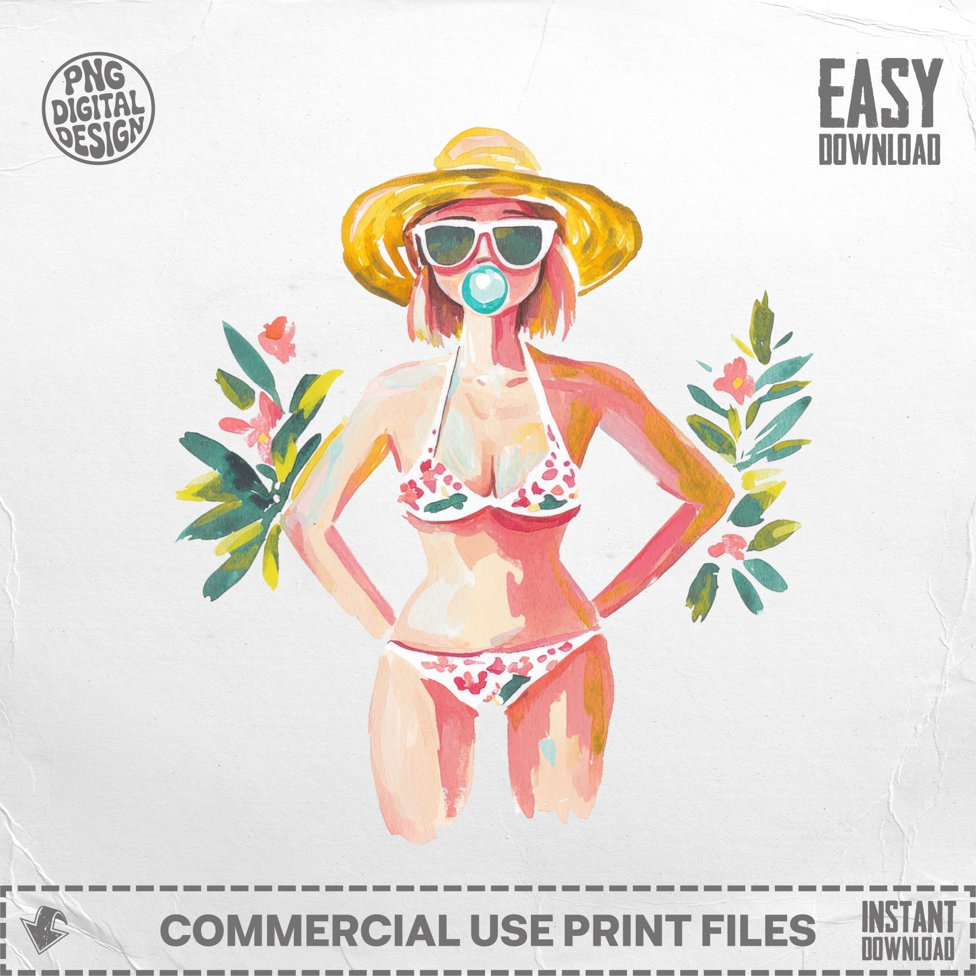 Preppy Girl on Beach Clipart, Girly Summer PNG, Retro Y2K Aesthetic Art, Printable Sticker File, Cricut Cut File SVG, Digital Download