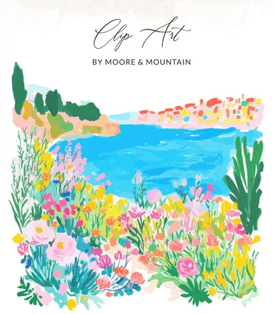 Preppy Mediterranean Coastline Digital Art SVG, Vibrant Floral Seaside Landscape, Europe Summer Vacation Wall Art, Instant Download