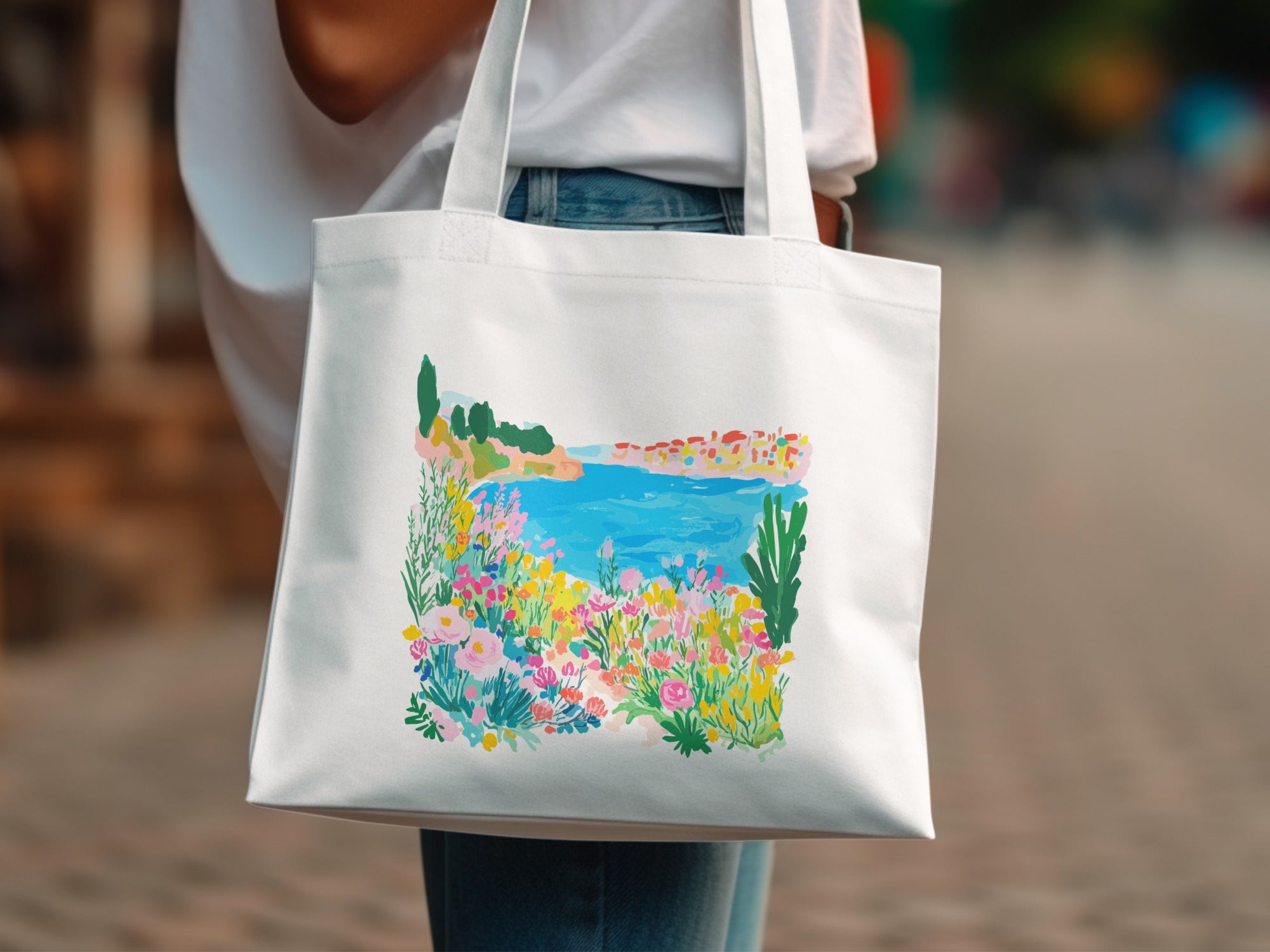 Preppy Mediterranean Coastline Digital Art SVG, Vibrant Floral Seaside Landscape, Europe Summer Vacation Wall Art, Instant Download