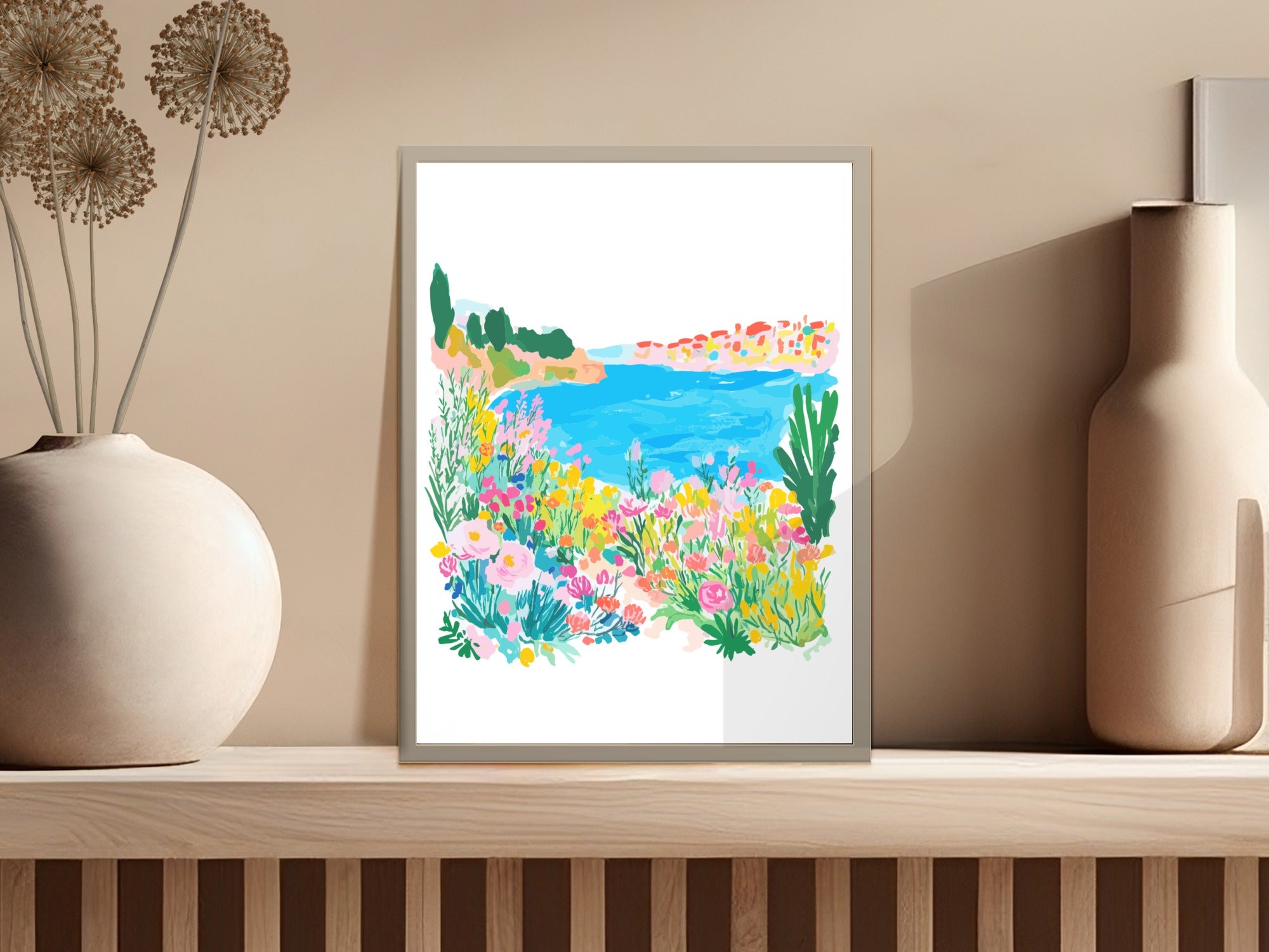 Preppy Mediterranean Coastline Digital Art SVG, Vibrant Floral Seaside Landscape, Europe Summer Vacation Wall Art, Instant Download
