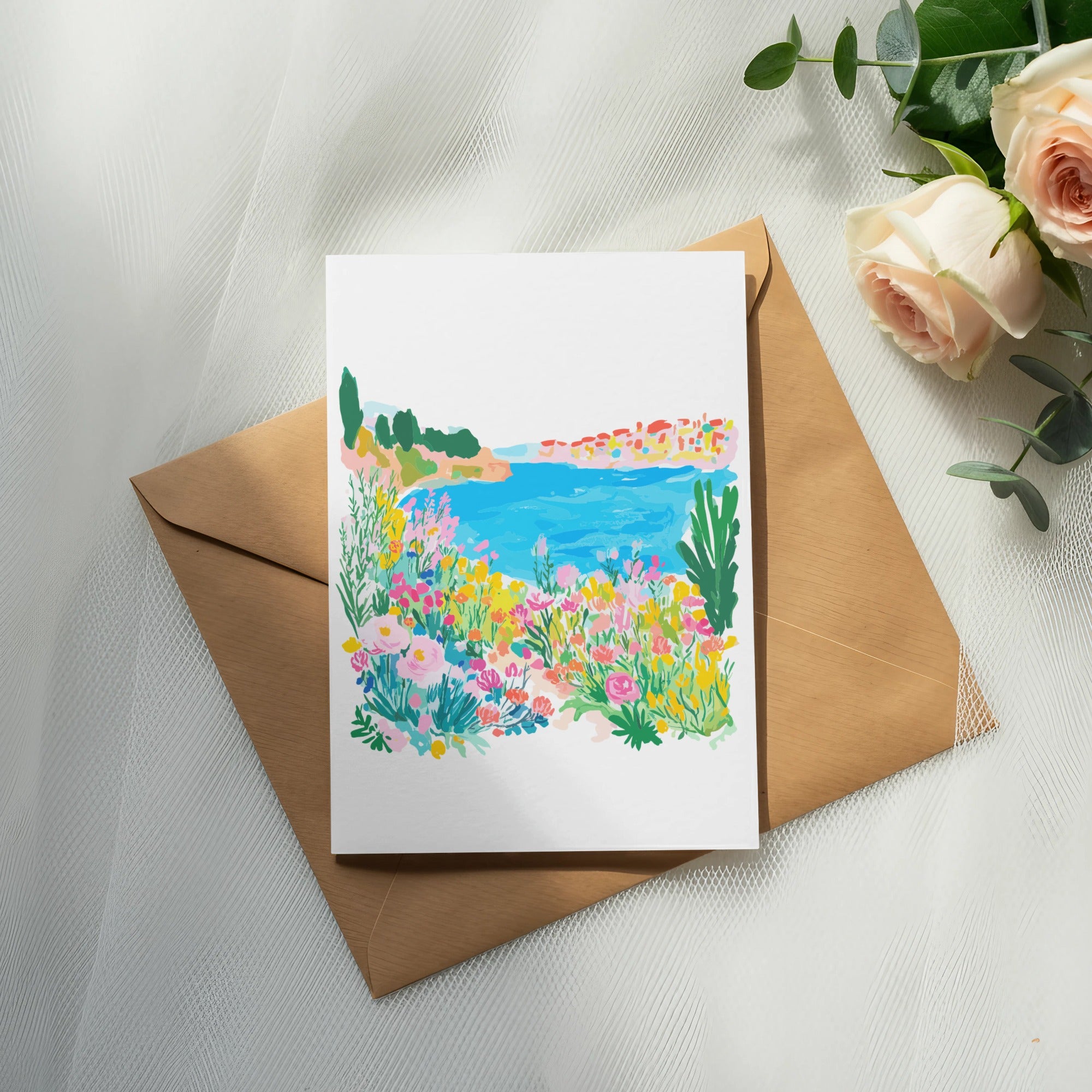 Preppy Mediterranean Coastline Digital Art SVG, Vibrant Floral Seaside Landscape, Europe Summer Vacation Wall Art, Instant Download