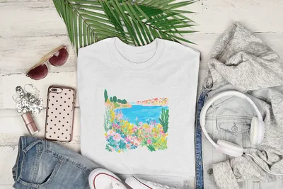 Preppy Mediterranean Coastline Digital Art SVG, Vibrant Floral Seaside Landscape, Europe Summer Vacation Wall Art, Instant Download