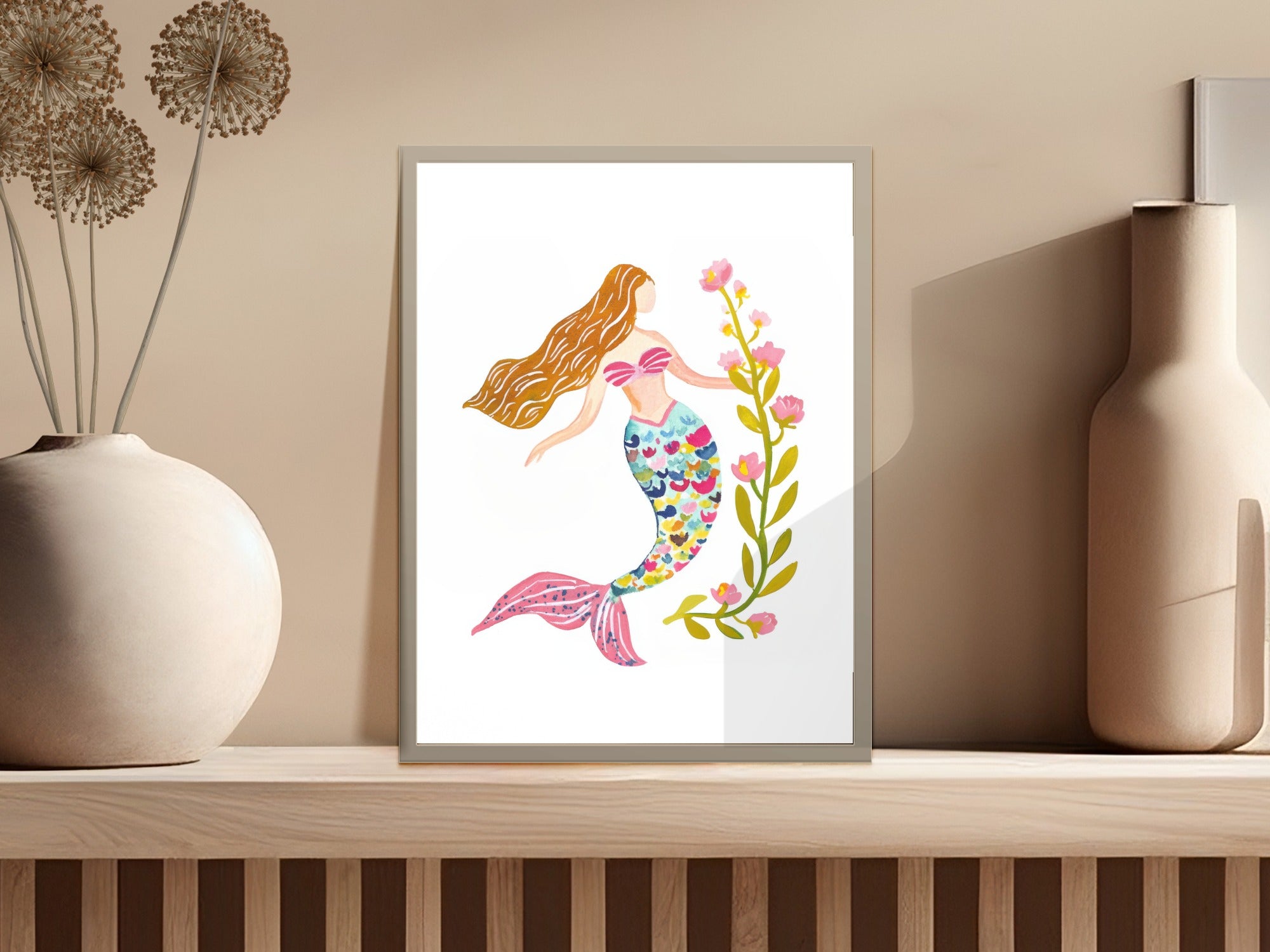 Preppy Mermaid with Flowers Digital Art, Kawaii Animal PNG, Trendy Girly Design, Printable Sticker File, Cricut Cut File SVG, Rainbow Pastel SVG