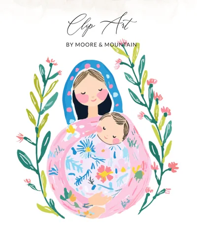 Preppy Mother and Child SVG Digital Download, Watercolor Floral Art Print, New Mom Gift Nursery Decor, Blessed Mary Jesus Painting