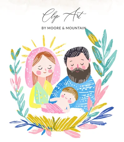Preppy Nativity Scene SVG Digital Download | Modern Holy Family Christmas Art Print | Cute Baby Jesus Watercolor PNG Design