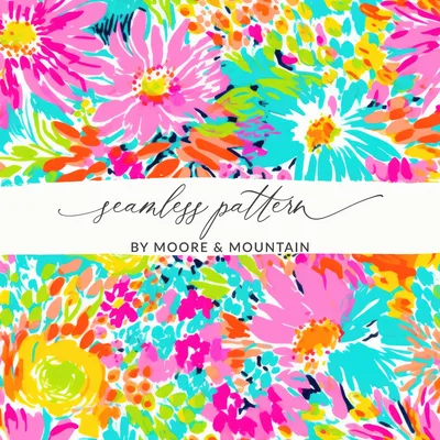 Preppy Neon Floral Multicolored Maximalist Floral Pattern Digital