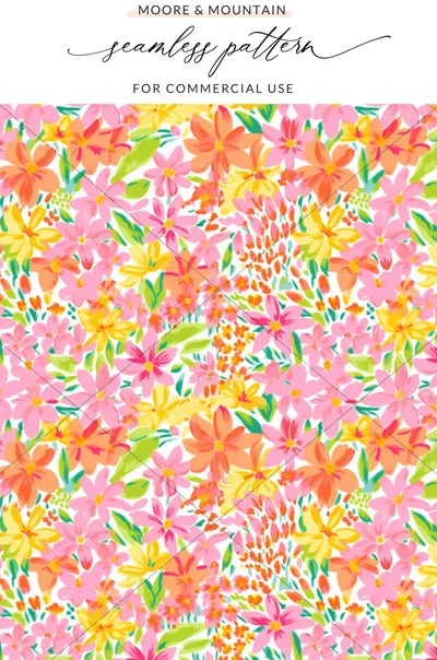 Preppy Neon Floral Pattern Hot Pink Summery Bright Floral Digital