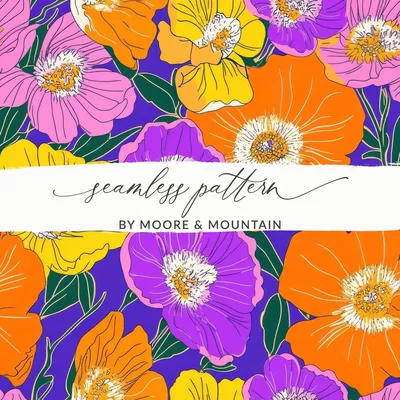 Preppy Orange 60s floral pattern, Digital Paper, Groovy Floral Background, Seamless Retro Flowers, Scrapbook Paper, Fabric Design