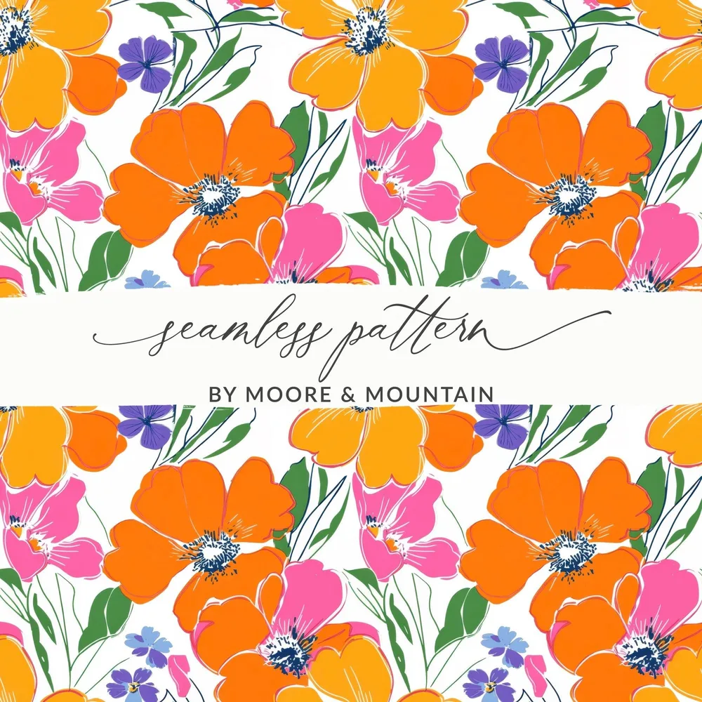 Preppy Orange Pink Floral Seamless Pattern, 90s Floral Pattern, Digital Background, Flower Repeat Pattern, Textile Design, Printable Art