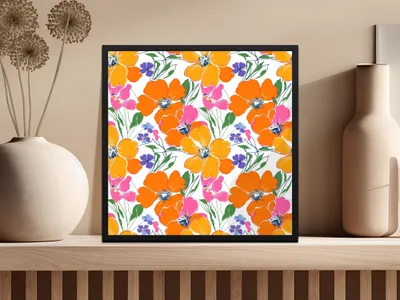 Preppy Orange Pink Floral Seamless Pattern, 90s Floral Pattern, Digital Background, Flower Repeat Pattern, Textile Design, Printable Art