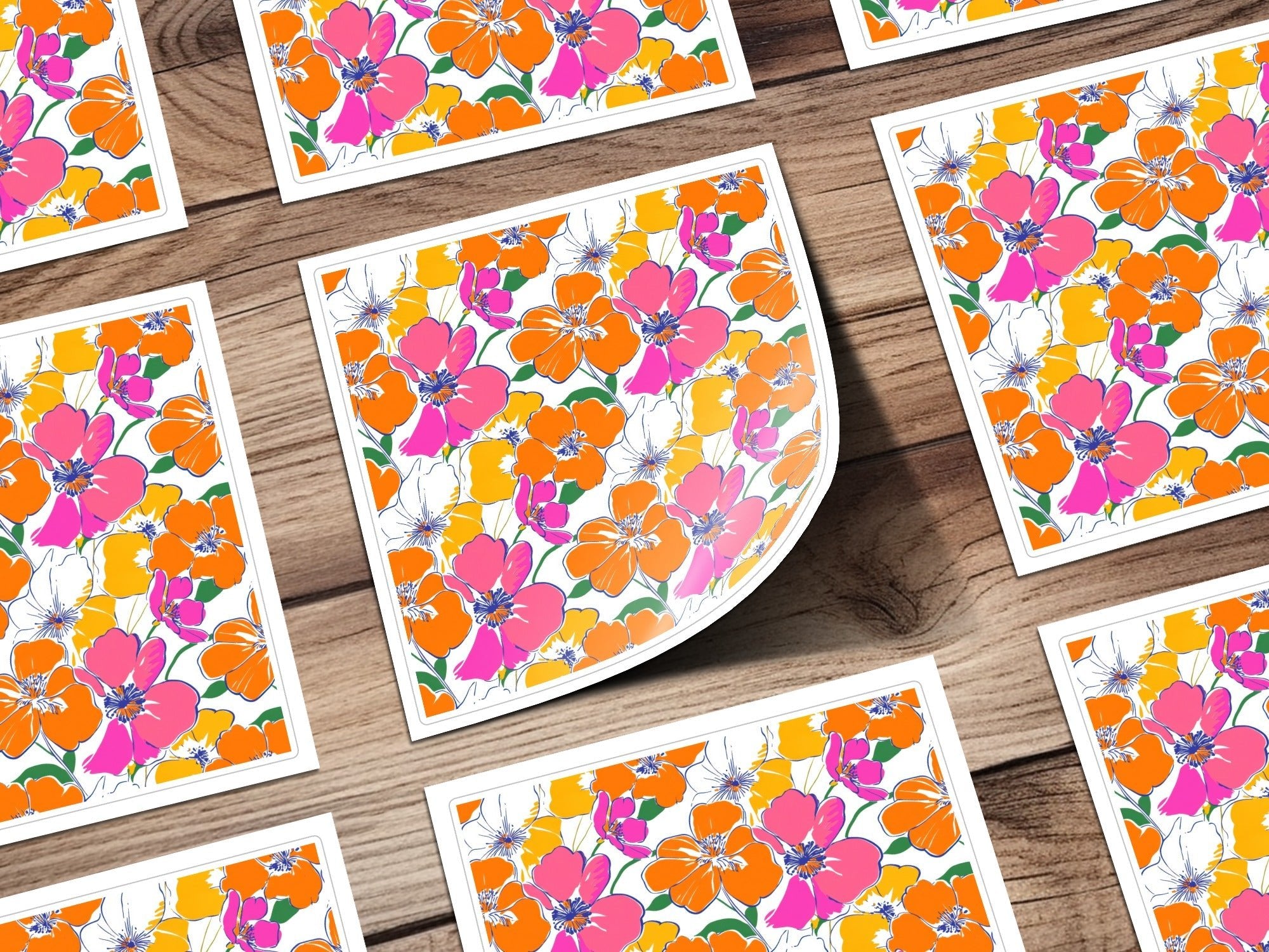 Preppy Orange Pink Floral Seamless Pattern, Digital Background, 60's floral pattern, Printable Fabric Design, Digital Paper, Flower Illustration