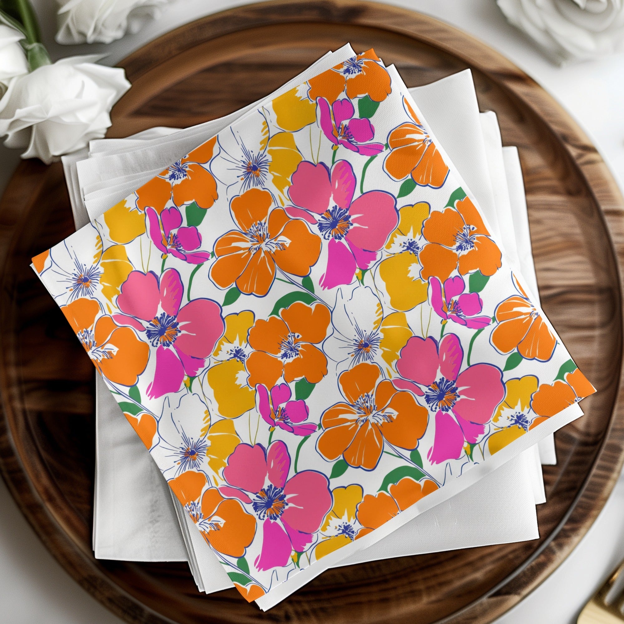 Preppy Orange Pink Floral Seamless Pattern, Digital Background, 60's floral pattern, Printable Fabric Design, Digital Paper, Flower Illustration