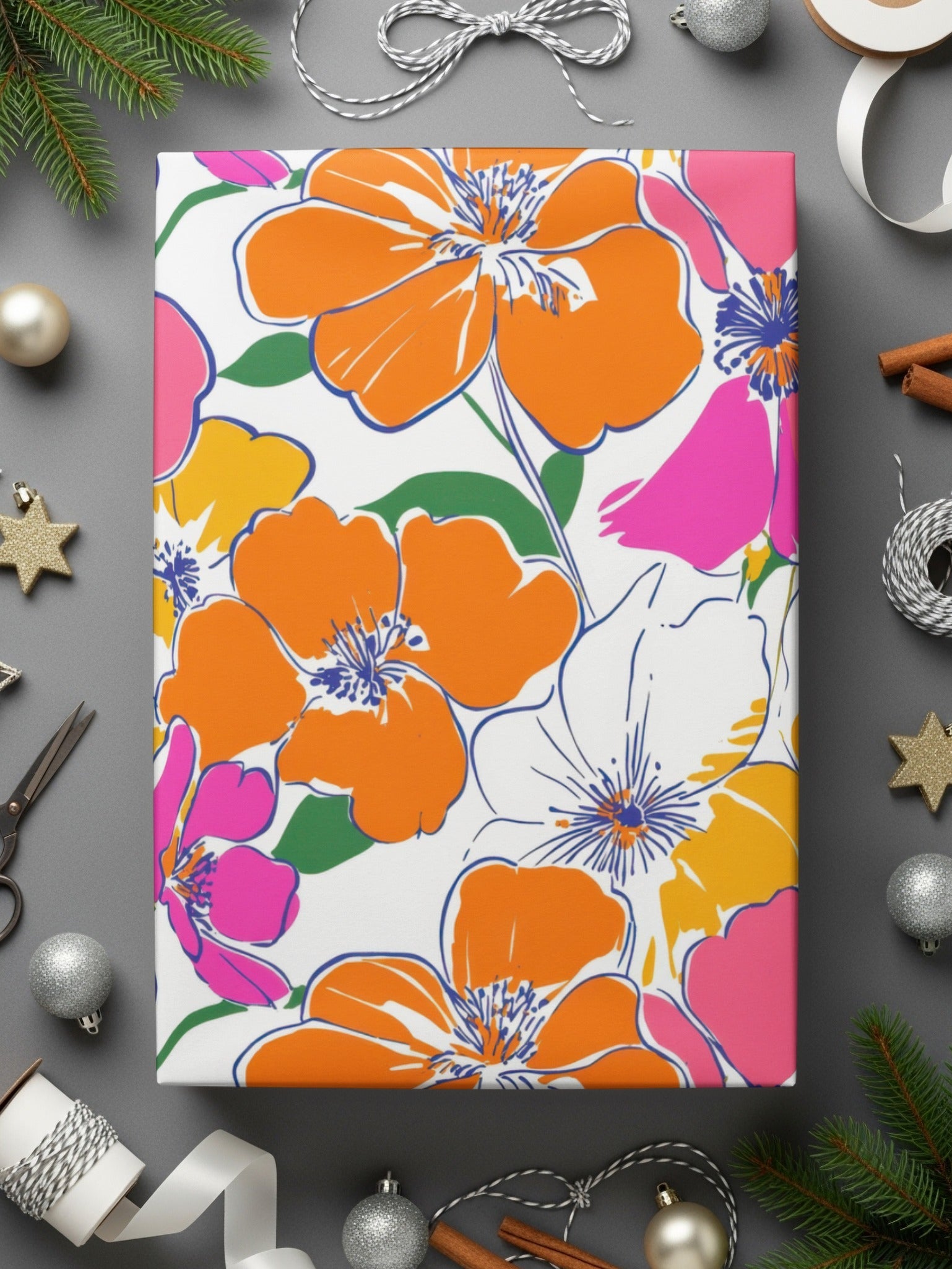 Preppy Orange Pink Floral Seamless Pattern, Digital Background, 60's floral pattern, Printable Fabric Design, Digital Paper, Flower Illustration